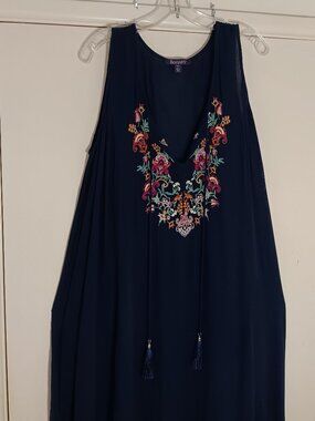 Roaman,s maxi dress womens 18/20 L navy embroidered boho rayon tassels plus size